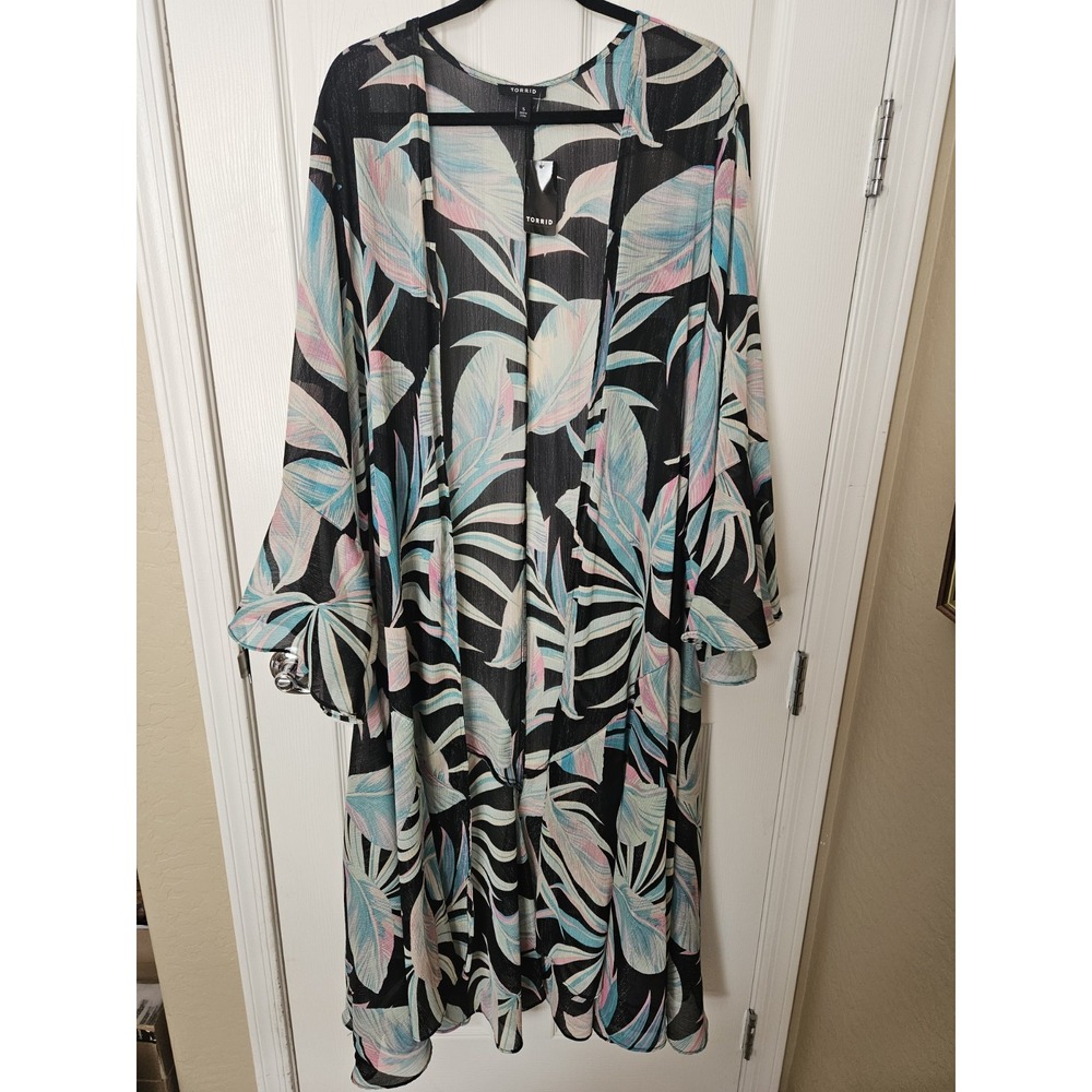 NWT Torrid Tropical Leaf Print Sheer Chiffon Maxi Kimono Cover-Up, Plus 5X